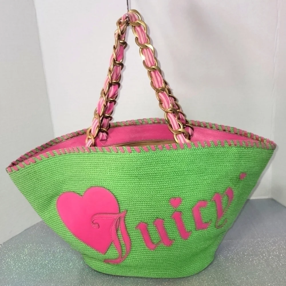 Y2K Vintage Juicy Couture XL Green & Pink Straw Tote Shopper Beach Bag Purse